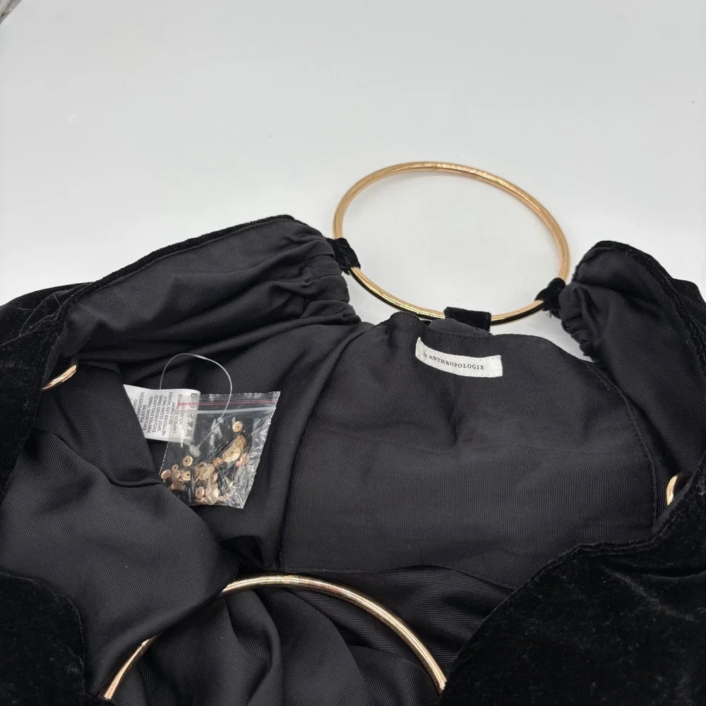 Anthropologie Floral half-moon Black Velvet‎ gold ring Bag clutch Vintage 2000s - Picture 3 of 5